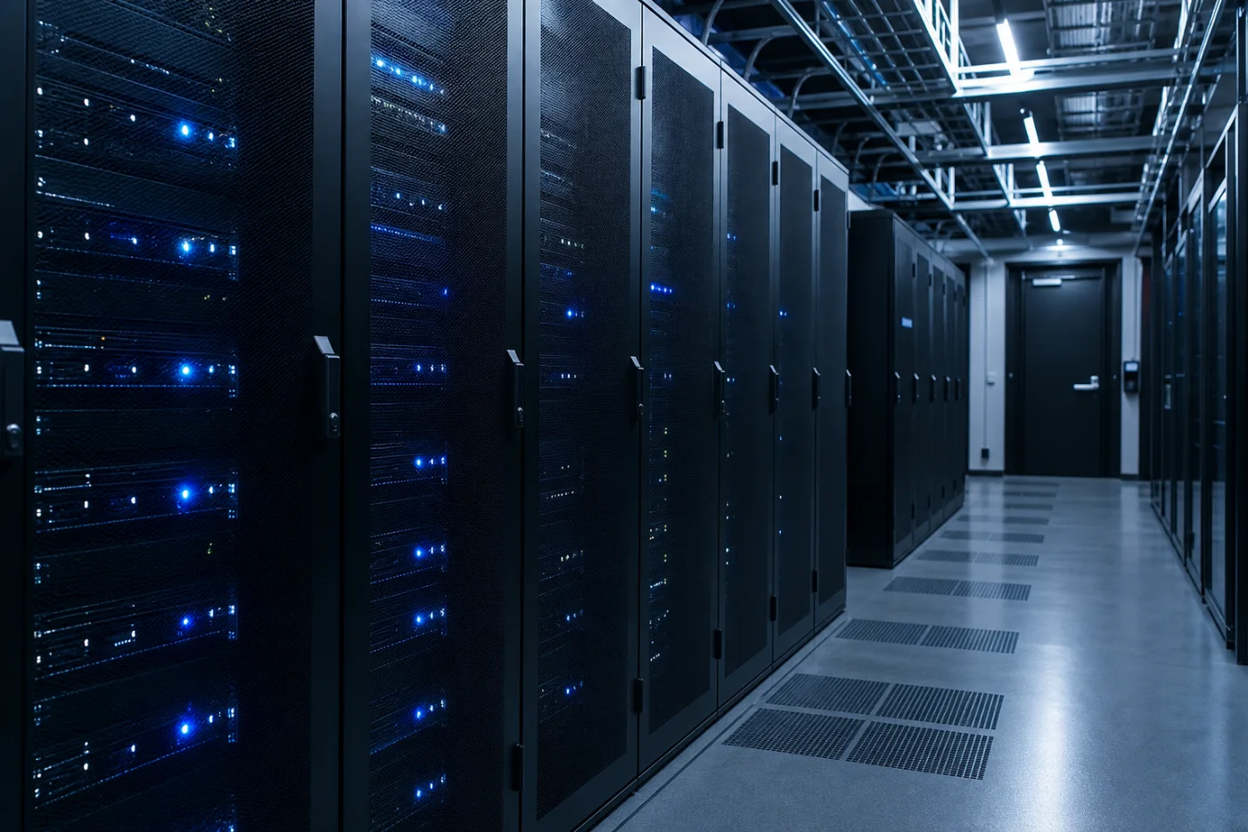 Secure data center room with server racks and blue status lighting